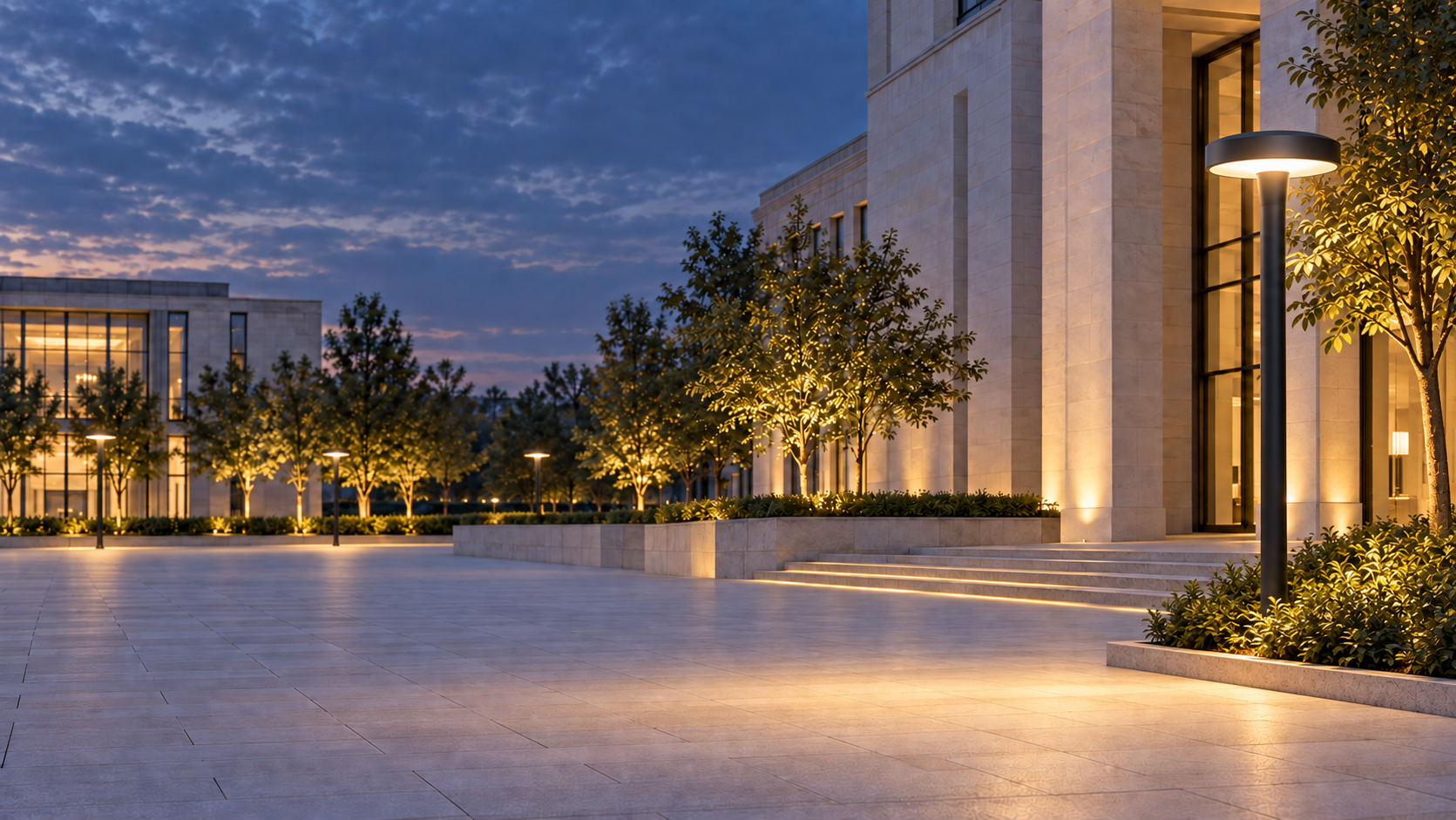 Decorative luminaires installed along the planted edge of an illuminated public plaza