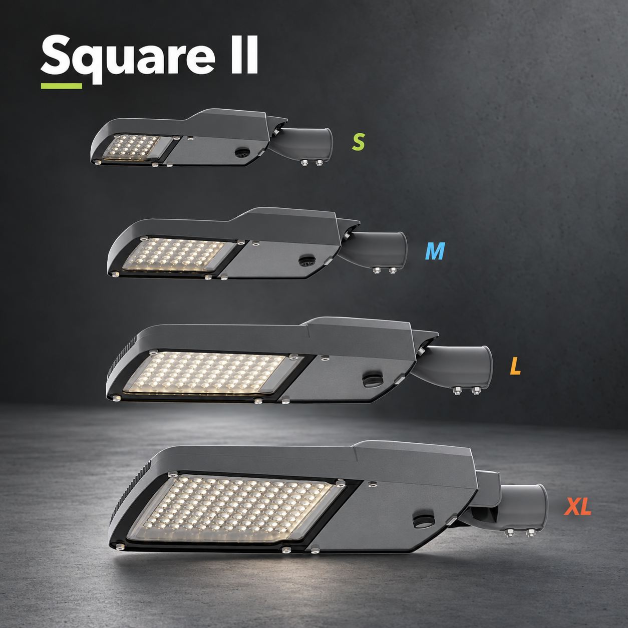Square II LED street-luminaire range in S, M, L and XL sizes