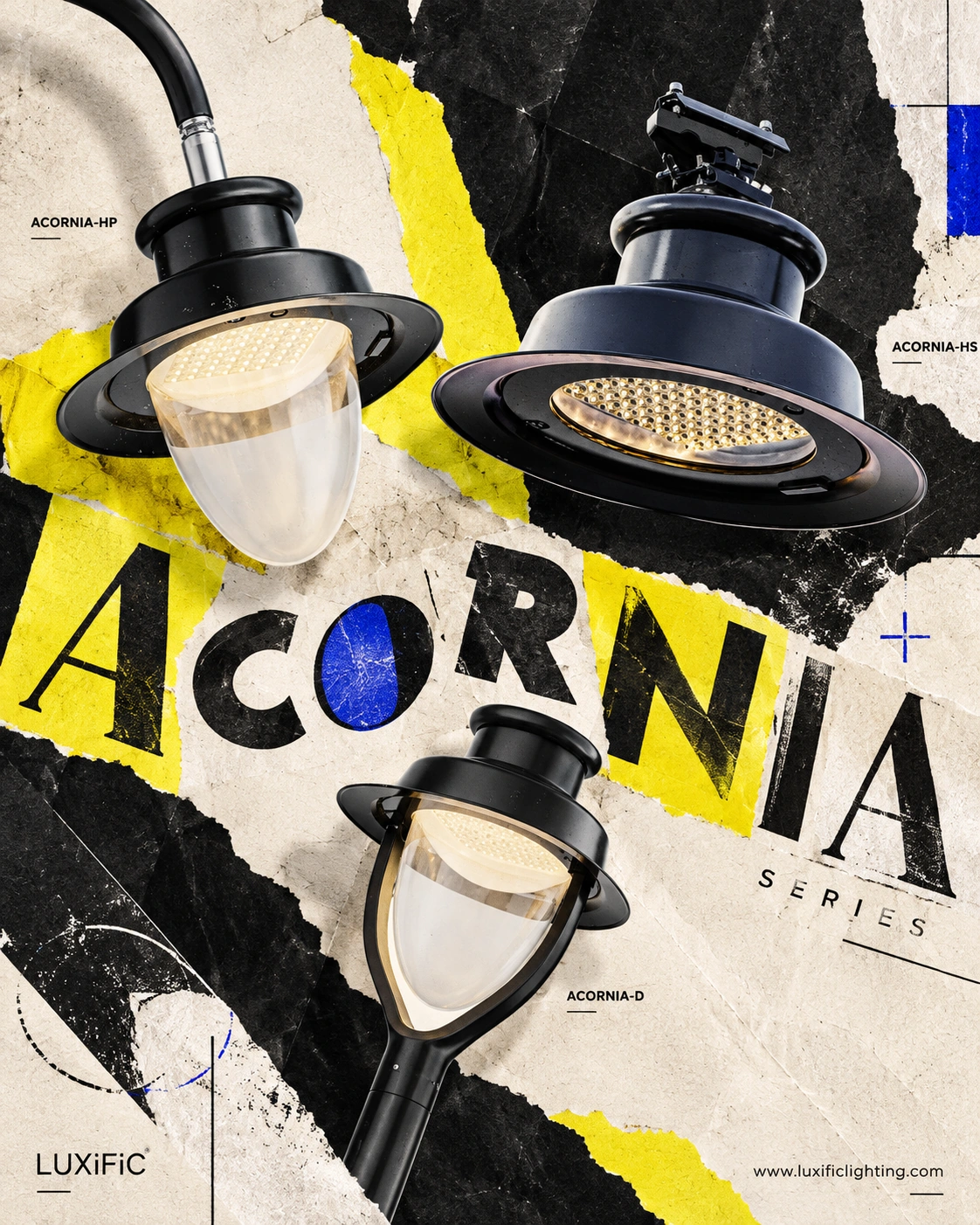 Póster de la serie ACORNIA con luminarias ACORNIA-HP colgantes, ACORNIA-HS suspendidas y ACORNIA-D en cabeza de poste.