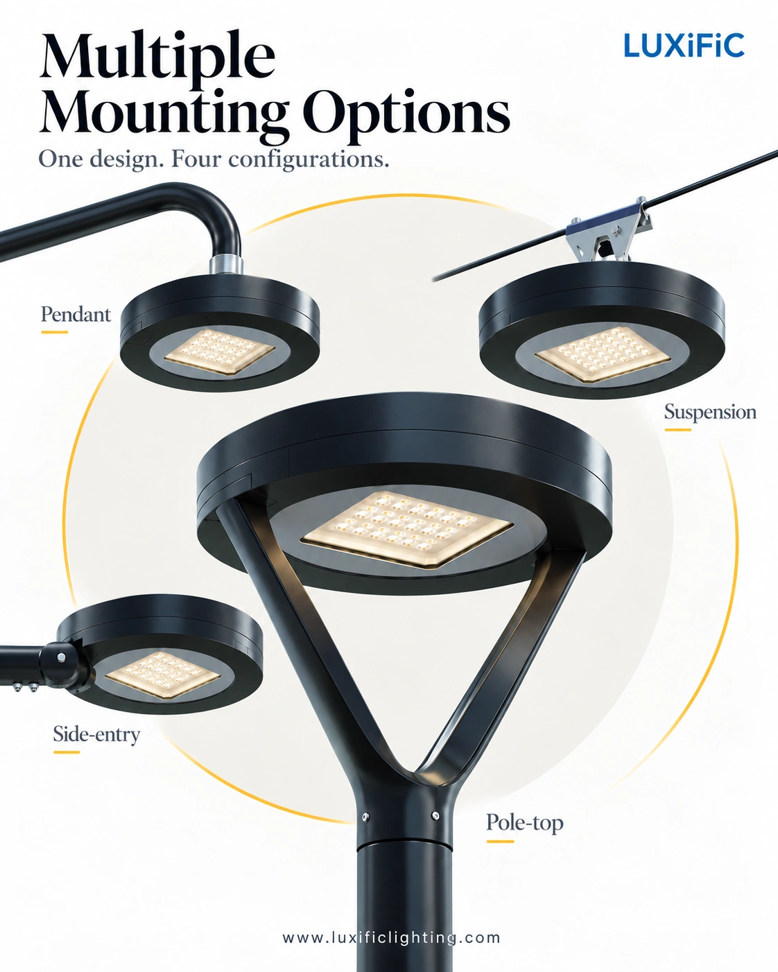 NEXIA Series mounting options: pendant, suspension, pole-top and side-entry, shown in the user-supplied illustration.
